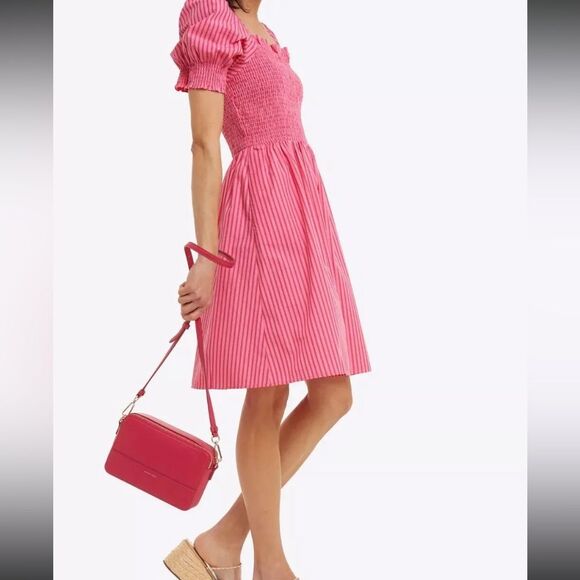 Draper James Smocked Bodice Pink Striped Summer Mini Dress M - Picture 2 of 9